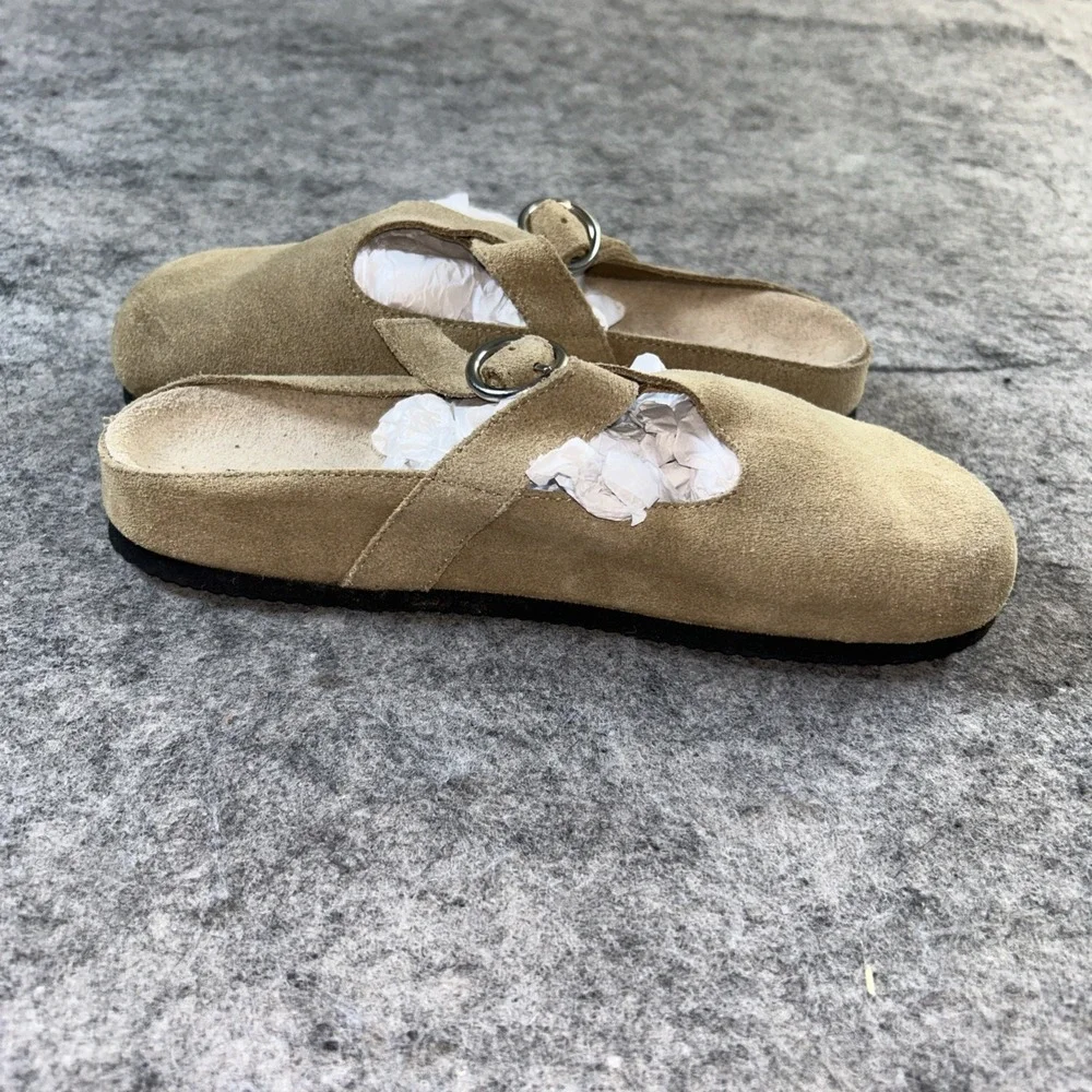 ZARA Kids Beige Suede Slip-On Clogs size 36/4 Leather Sliver Strap